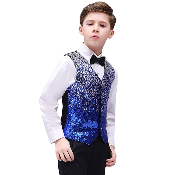 KKBOTIVE Boys Carnival Party Outfit Performance Sequin Vest, Shirt, Pant and Bow Tie 4 Piece Set for Kids Festive Stage Clothes, Blue Size: 7-8 Years