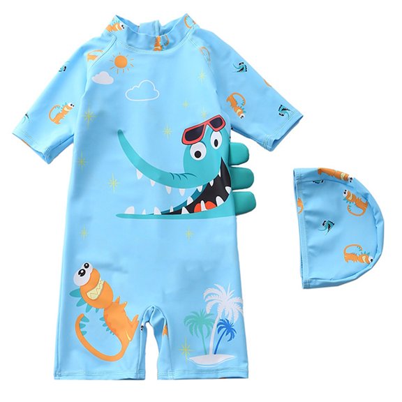 KKBOTIVE Boys Cartoon Hooded Swimsuit Sun Protective Swimwear for Children Beach Pool Activities ( Sky Blue Size: 8-9Years )