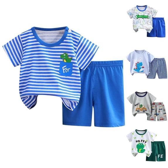 KKBOTIVE Boys Cartoon Summer Outfits, Cute Dinosaur Print Short Sleeve T Shirt and Shorts 2 Piece Homewear Kids' Fashion Clothes, Light Blue Size: 3-6 Months