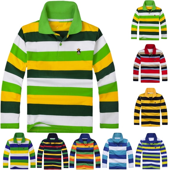 KKBOTIVE Boys Long Sleeve Polo Shirts Cozy Performance Collared Neckline Comfort Stretch Shirt Strip School Uniforms Shirts Z01 Navy 11-12 Years