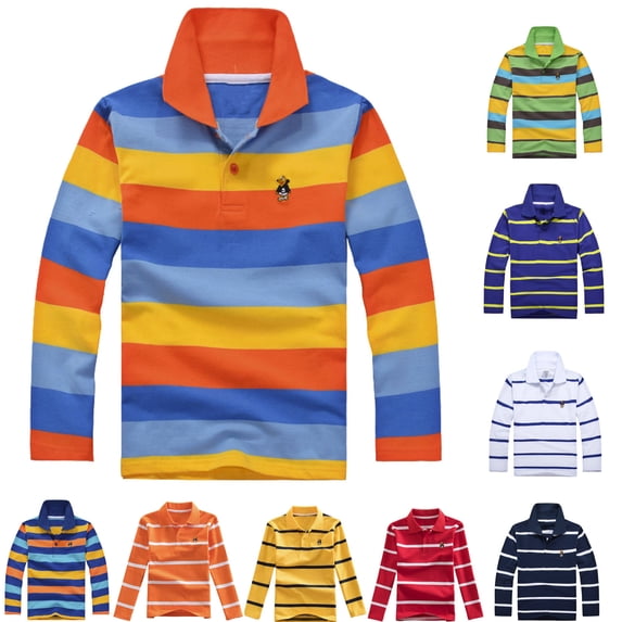 KKBOTIVE Boys Long Sleeve Polo Shirts Cozy Performance Collared Neckline Comfort Stretch Shirt Strip School Uniforms Shirts Z02 Light Yellow 10-11 Years