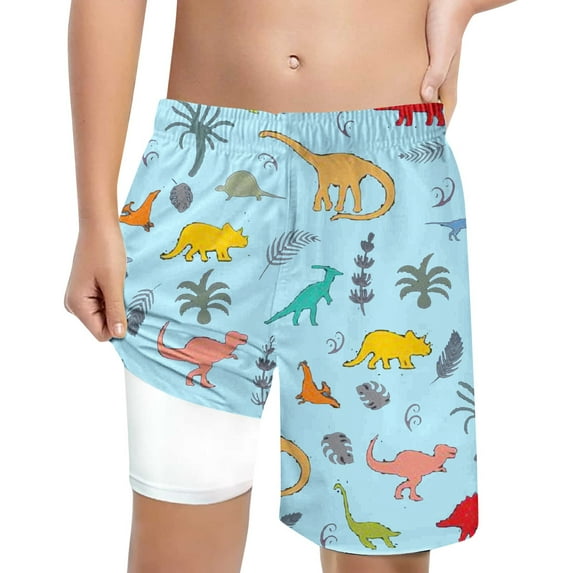 KKBOTIVE Boys' Printed Swim Trunks with High Waist Lace-Up Design for Beach and Pool Activities ( Light Blue Size: 7T=130 )