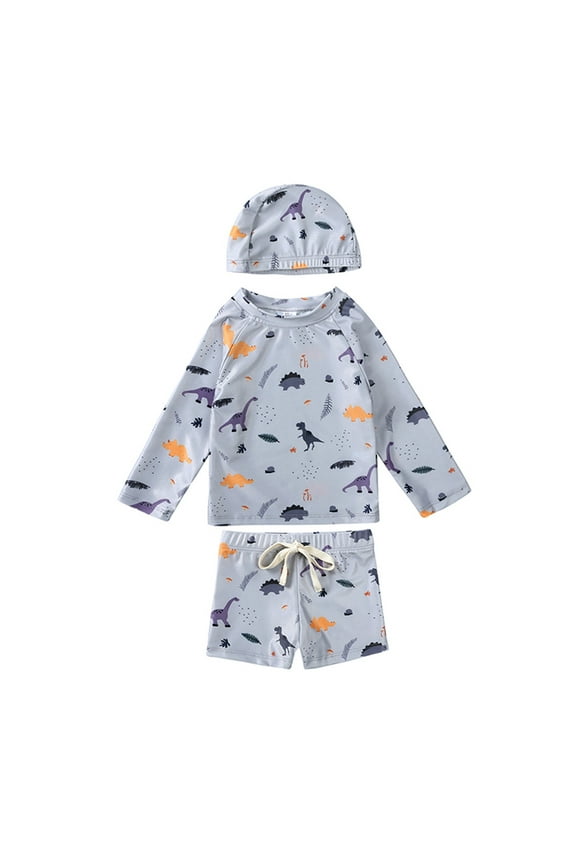 Boys Three Piece Swim Set Floral Print Rash Guard Swimwear with Matching Trunks And Cap for Toddler Kids ( Light Purple Size: 2-3 Years )