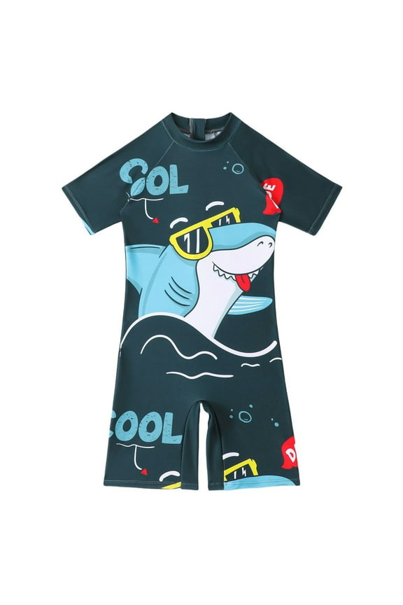 Boys UPF 50+ Sun Protective Zipper Rash Guard Surfing Suit with Short Sleeve Dinosaur Design for Toddler Swimming ( Dark Green Size: 9-10 Years )