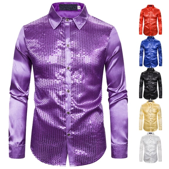 KKBOTIVE Carnival Dress Shirt for Mens - Fashion Glitter Long Sleeve Button Down Dance Shirt - Disco Outfit Shirts Men's Retro Party Shirts (Gold Size: L)