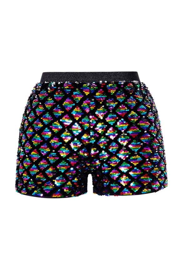 Carnival Sequin Shorts for Women Hot Pants with Plaid Pattern High Waisted Stretch Glitter Party Fashion Club Wear, Multicolour Size: L