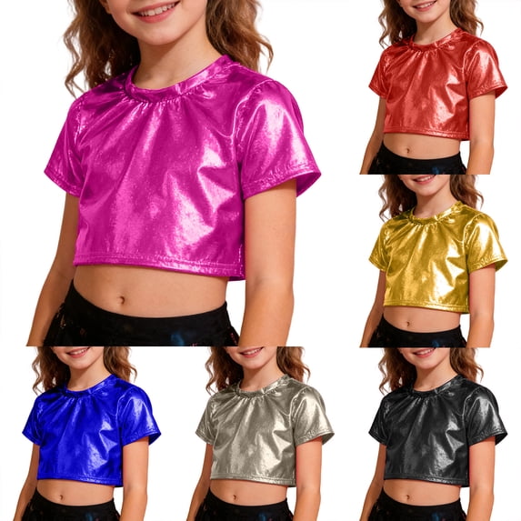 KKBOTIVE Carnival Short Sleeve T Shirt for Girls, Fashion Shiny Dance Tops Stage Performance Party Tees Kids Clothes, Gold Size: 9-10 Years