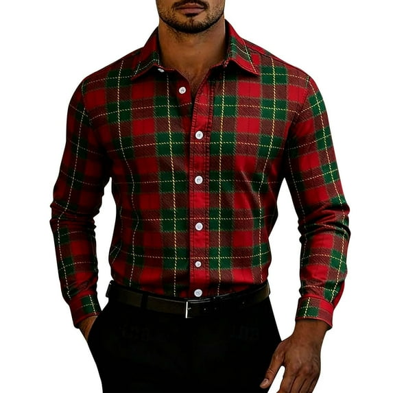 KKBOTIVE Christmas Plaid Shirts for Men Long Sleeve Button Down Dress Shirt Novelty Tops Men's Xmas Holiday Party Clothes Brick Red Size: S