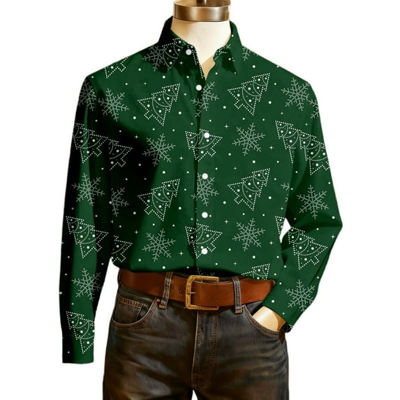 KKBOTIVE Christmas Shirts for Men Long Sleeve Button Down Dress Shirt Novelty Santa Tree Graphic Tops Men's Xmas Holiday Party Clothes Dark Green Size: S