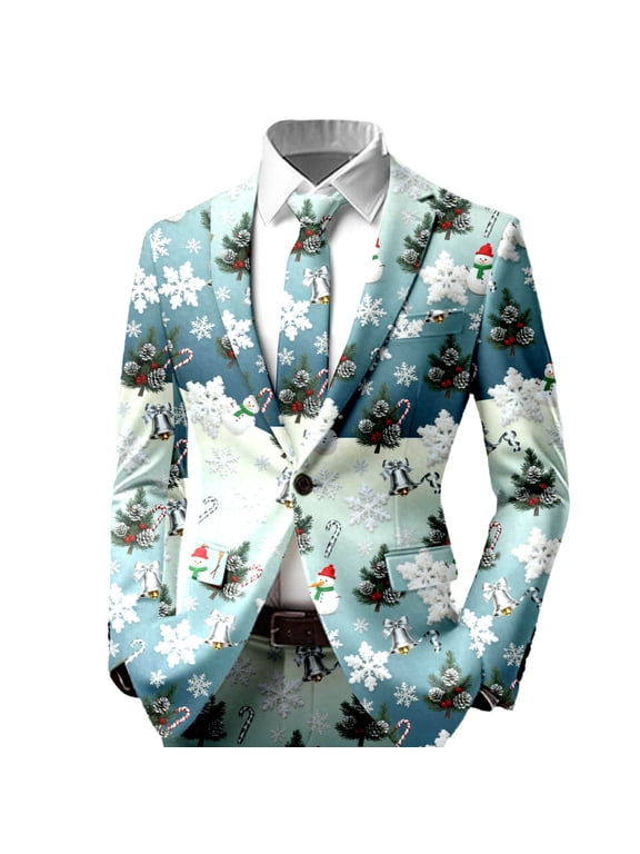 Christmas Suit Blazers for Mens Funny Print Button Down Christmas Sport Coat Collared Cozy Party Holiday Jackets Men Fashions Light Blue-H Size: L
