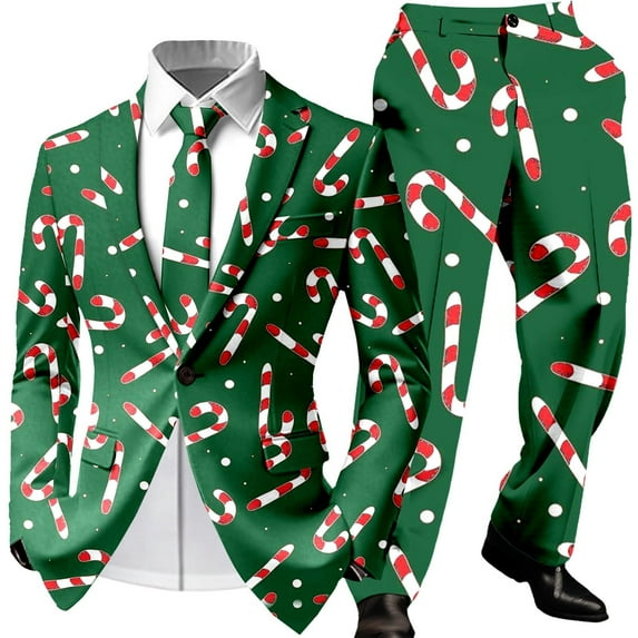 KKBOTIVE Christmas Suit for Men Funny Printed Button Down 2 Piece Suit and Dress Pants Men's Xmas Jacket Outfit Play Wear 5-Dark Green Size: M