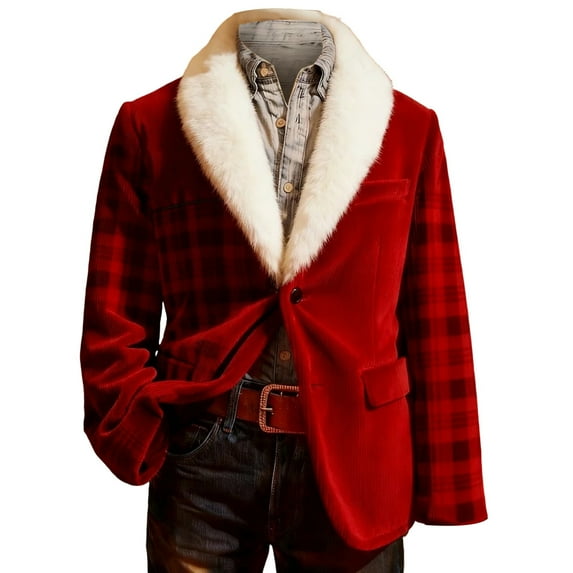 KKBOTIVE Christmas Suits Men Retro Corduroy Xmas Graphic Suit Jackets Slim Lapel Button Down Blazers for Dinner Party 2025 Red Size: L