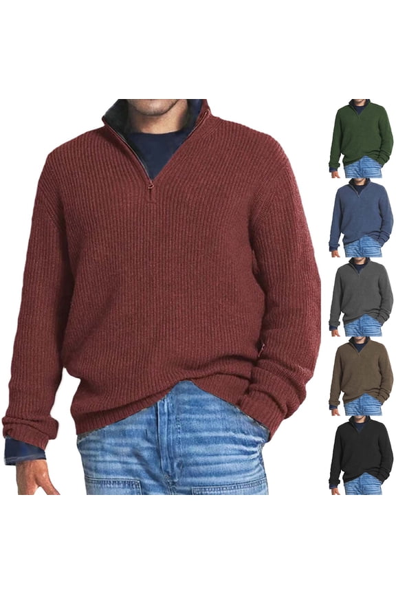 Christmas Sweaters for Men Quarter Zip Solid Color Tops Comfortable Loungewear Winter Clothes with Zipper ( Brown Size: S )