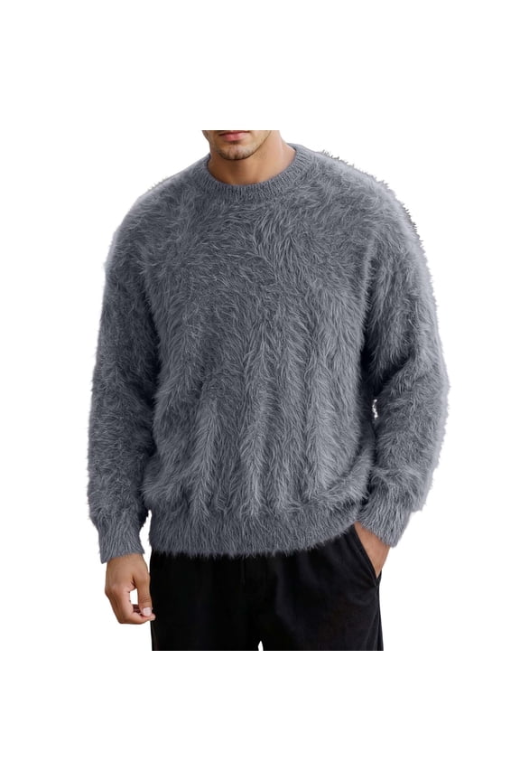 Knit Sweater for Mens Long Sleeve Fuzzy Pullover Casual Warm Winter Oversized Tops for Men's Fall Winter Clothing Grey Size: M