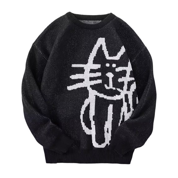 KKBOTIVE Cute Cat Graphic Sweaters Coat for Mens Casual Long Sleeve Crew Neck Pullover Sweater Men's Fashion Outerwear ( Black Size: M )
