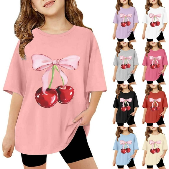 KKBOTIVE Girl's Bow Cherry Graphic Tees Short Sleeve Crewneck Cute T Shirts Tops for Summer Tops, Light Purple Size: 9-10 Years