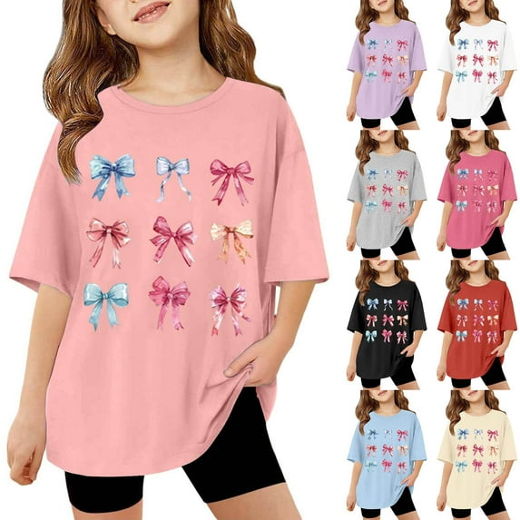 KKBOTIVE Girl's Bow Cute Graphic Tees Short Sleeve Preppy Summer T Shirt Baggy Tops Kids 100 Days of School Shirt, Light Pink Size: 7-8 Years