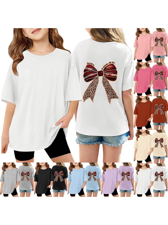 Girl's Bow Leopard Graphic Tees Short Sleeve Preppy Summer T Shirt Baggy Tops Kids 100 Days of School Shirt, Purple Size: 3-4 Years