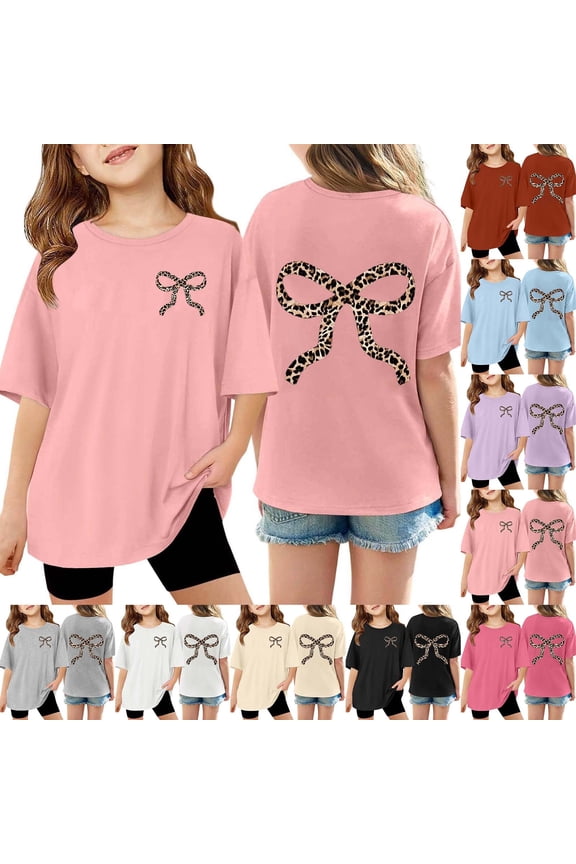Girl's Leopard Bow Graphic Tees Short Sleeve Crewneck Cute T Shirts Tops for Teens Summer Tops, Beige Size: 9-10 Years