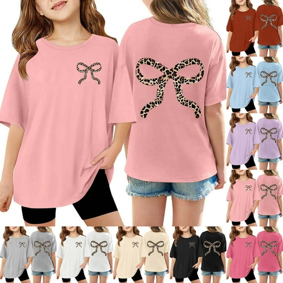 KKBOTIVE Girl's Leopard Bow Graphic Tees Short Sleeve Crewneck Cute T Shirts Tops for Summer Tops, Pink Size: 9-10 Years