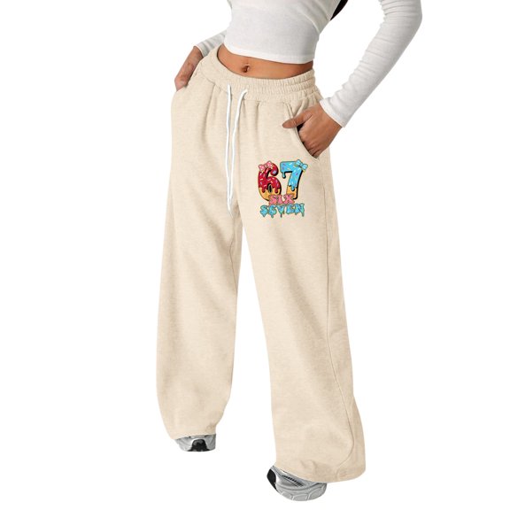 KKBOTIVE Girls 67 Ice Cream Printed Sweatpants Fashion Baggy Joggers Straight Leg Pants for Kids Back to School Everyday Wear Beige, Size: 130