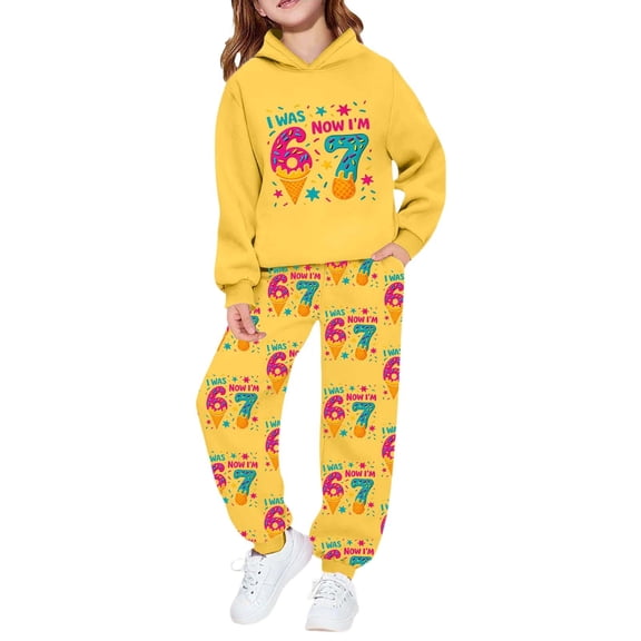 KKBOTIVE Girls 67 Printed Hoodies and Jogger Casual Cute Graphic 2 Piece Outfit Set for Toddlers Kids Fashion Daily Wear, Yellow Size: 4-5 Years