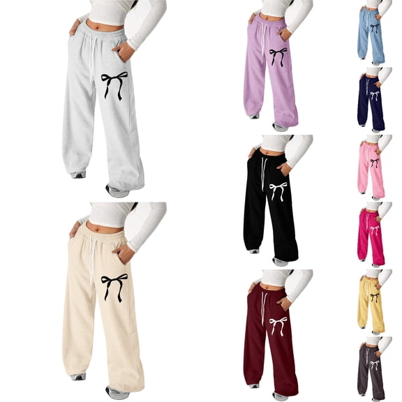 KKBOTIVE Girls Bow Print Wide Straight Leg Loose Sweatpants Elastic Waist Drawstring Jogger Pants for Teens Daily Wear , White Size: 15-16 years