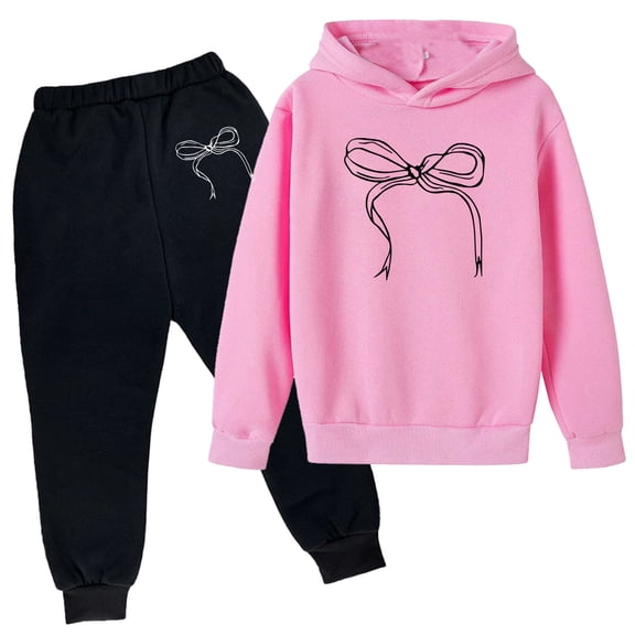 KKBOTIVE Girls Boys Cute Bow Print Hoodies and Jogger, Fashion Long Sleeve Outfit 2 Piece Set for Kids Back to School Wear, Pink Size: 5-6 Years