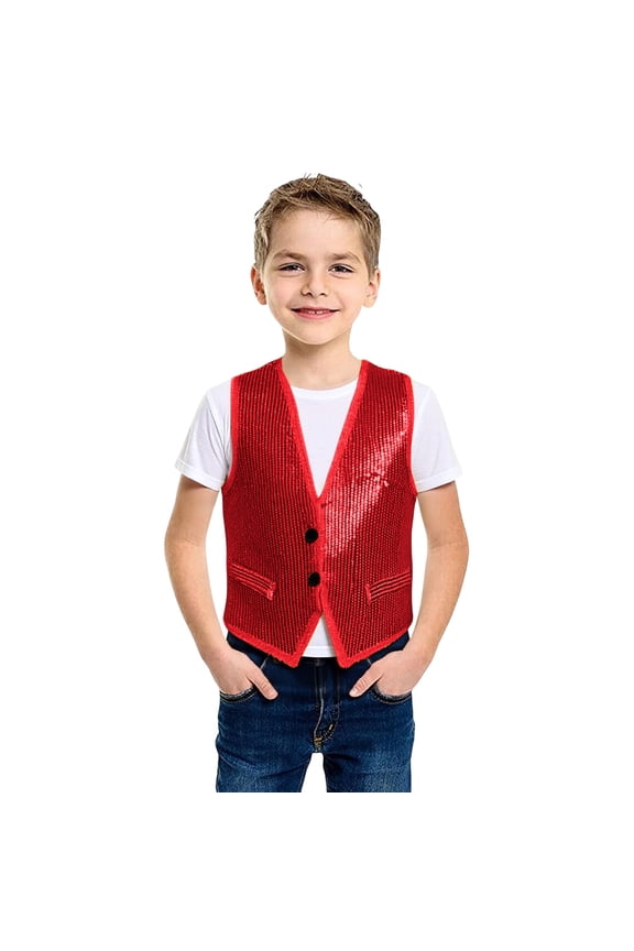 Girls Boys Sequin Vest Sleeveless Shiny Glitter Sequins Party Carnival Dance Tops Workout Performance Top ( Red Size: 6-10 Years )