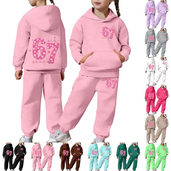 KKBOTIVE Girls Casual Tracksuit 67 Print Hoodie and Jogger 2 Piece Outfit Set for Kids Fashion Sweatsuit Daily School Clothes ( Khaki Size: 4-5 Years )