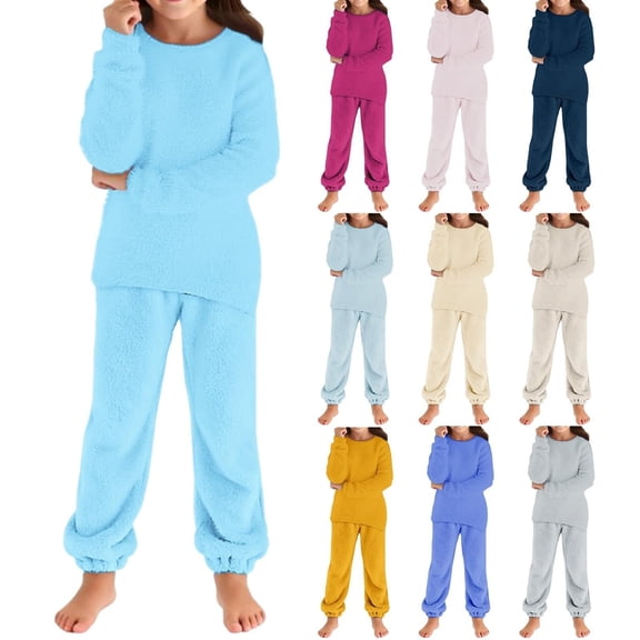 KKBOTIVE Girls Fleece 𝐏ajamas Fuzzy Fashion Outfits Pullover Sweatshirt and Jogger Pants Winter Matching Sweater Sets, Blue Size: 7-8 years