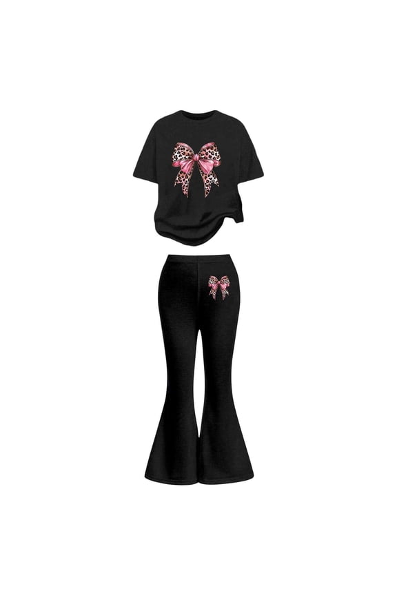 Girls Leopard Bow Print Outfit Fashion Short Sleeve Shirt and Flared Pants 2Pc Set for Kids Back to School Daily Wear, Black Size: 11-12 Years