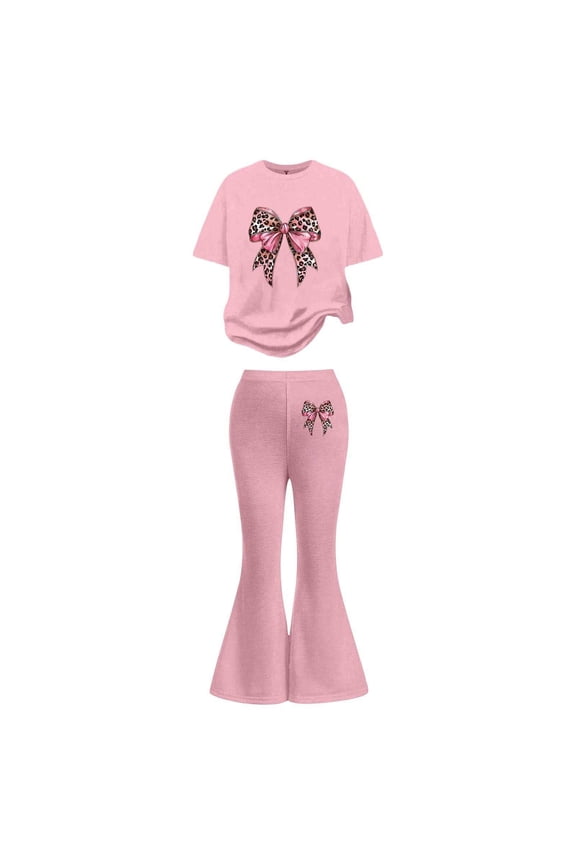 Girls Leopard Bow Print Outfit Fashion Short Sleeve Shirt and Flared Pants 2Pc Set for Kids Back to School Daily Wear, Light Pink Size: 7-8 Years