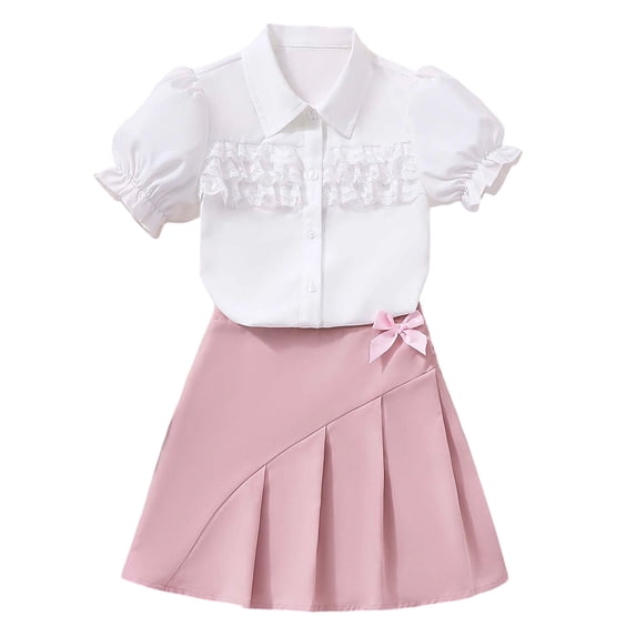 KKBOTIVE Girls Summer Formal Outfit Set Short Sleeve Blouse with Letter Print Skirt for Kids Party Wear, White Size: 8-9 Years