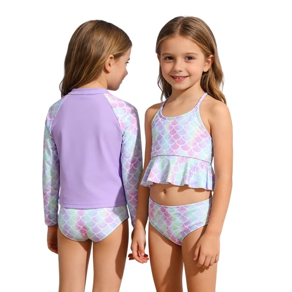KKBOTIVE Girls Swimsuit Long Sleeve Zip Up Swim Shirt 3 Piece Rash Guard for Kids Girls Bathing Suit , Purple Size: 5-6 Years