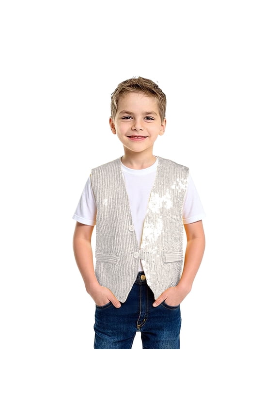 Kids Boys Girls Sequins Sleeveless Vest V neckline -Hop Jazz Dance Party Stage Performance Jacket Vest Outfit ( White Size: 6-10 Years )