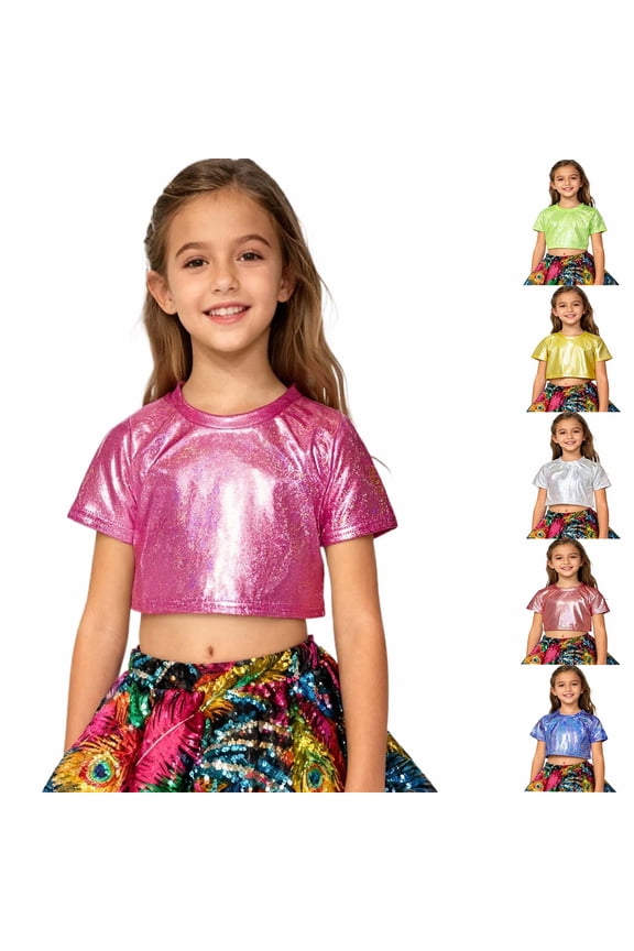 Kids Carnival Short Sleeve Sequin Tees for Girls Boys Solid Color Tops Stage Dance Wear Toddler Party T-Shirt, Gold Size: 3-4 Years