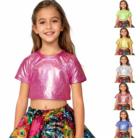 KKBOTIVE Kids Carnival Short Sleeve Sequin Tees for Girls Boys Solid Color Tops Stage Dance Wear Toddler Party T-Shirt, Silver Size: 9-10 Years