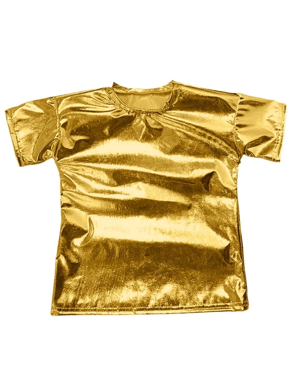 Kids Carnival Short Sleeve Tees for Girls Boys Solid Color Tops Stage Dance Wear Toddler Party T-Shirt ( Gold Size: 18-19 Years )