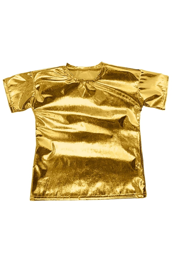 Kids Carnival Short Sleeve Tees for Girls Boys Solid Color Tops Stage Dance Wear Toddler Party T-Shirt ( Gold Size: 5-6 Years )