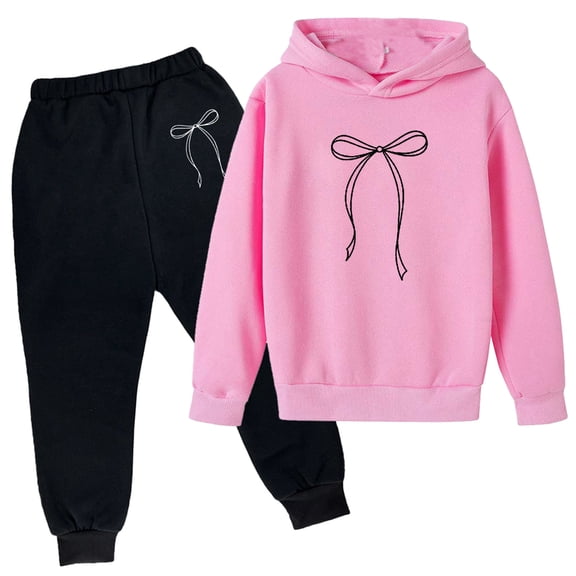 KKBOTIVE Kids Cute Bow Print Hoodies and Jogger, Fashion Long Sleeve Outfit 2 Piece Set for Boys Girls Back to School Wear, Pink Size: 5-6 Years