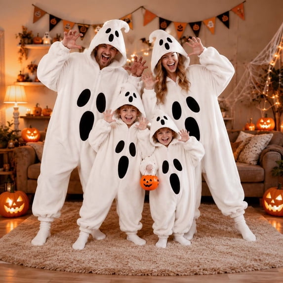 KKBOTIVE Kids Halloween Jack‑O‑Lantern Matching Hooded Zip‑Up with Pockets Onesie Boys Girls Jumpsuit for Halloween Tops White 10-12Y