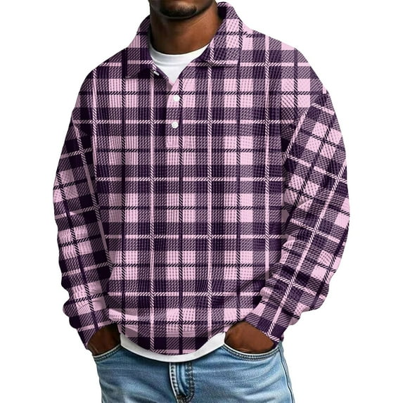 KKBOTIVE Long Sleeve Plaid Polo Shirts for Men Big and Tall Button Up Shirts Collared T Shirt Textured Knit Tops Men's Fashion, Purple Size: XL