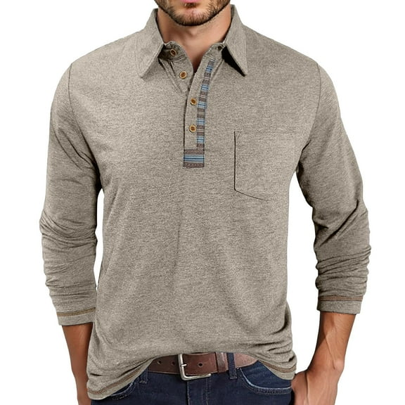 KKBOTIVE Long Sleeve Shirts for Men Casual Collared Polo Shirt Cozy Pullover Men's Fashion Tops for Daily Wear ( Beige Size: M )