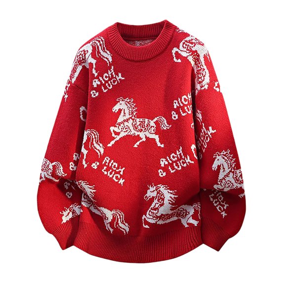KKBOTIVE Men's 2026 Sweater Casual Horse Graphic Fashion Crew Neck Long Sleeve Sweaters Jacket for Men's Year Themed Outerwear, Red Size: L