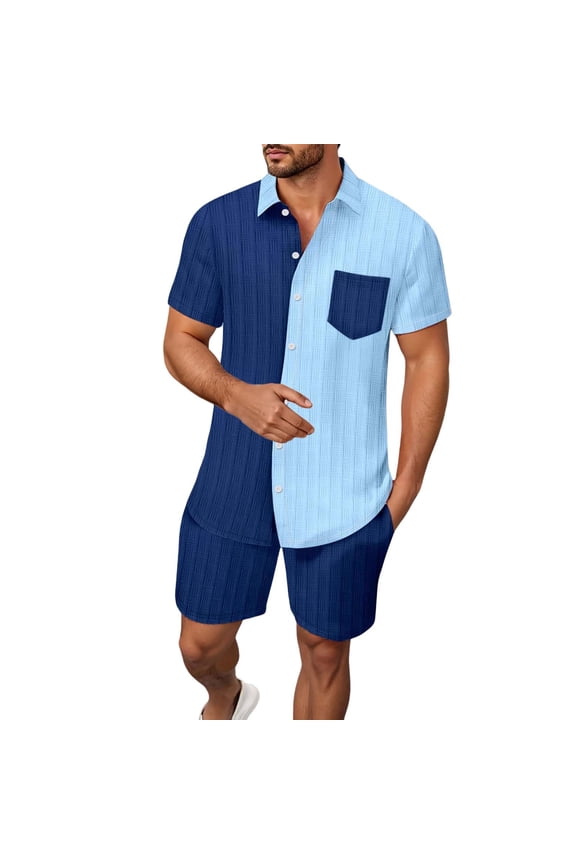 Men's 2pc Outfit Set Button Down Collared Short Sleeved Sports Suit Mens Summer 2 Piece Suits, Navy Size: XXL