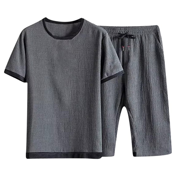 KKBOTIVE Men's 2pc Outfit Set Button Down Crewneck Short Sleeve T Shirt Tops + Elastic Shorts Summer Mens Suits 2 Piece Outfits, Grey Size: XXL