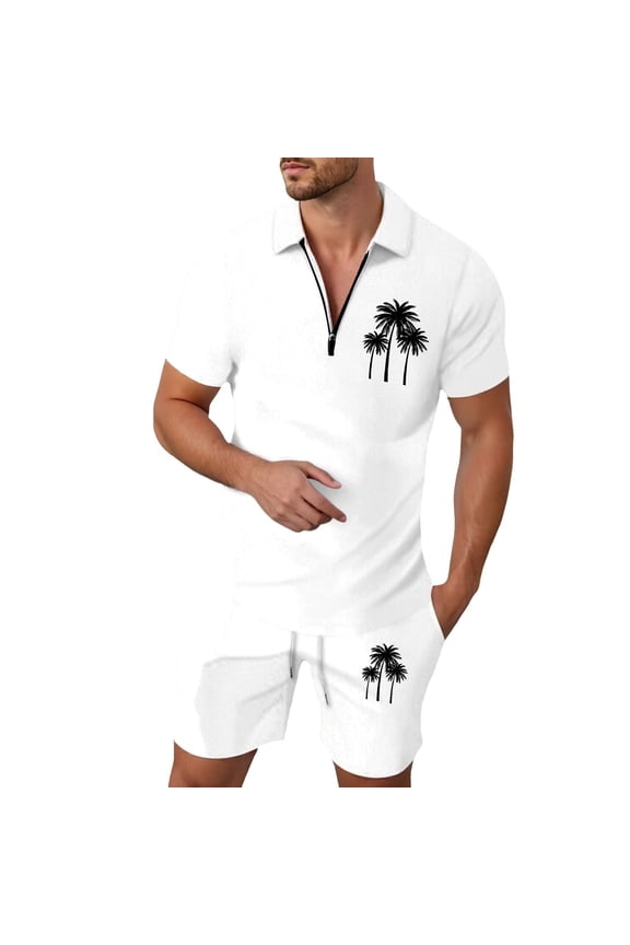 Men's 2pc Outfit Set Button Down Crewneck Short Sleeved Tops and Shorts/trousers Summer Adults Outerwear, White Size: S