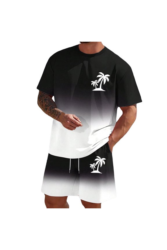Men's 2pc Outfit Set Button Up Fashion T Shirt and Shorts Outfits Set Adults 2 Piece Summer Suits, Black Size: XXXL