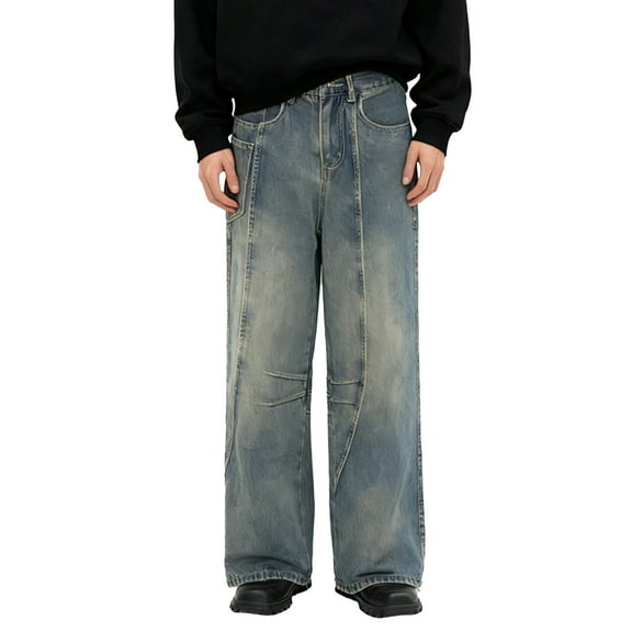 KKBOTIVE Men's Baggy Thorn Embroidery Jeans Casual Streetwear Wide Leg Hop Oversized Denim Pants Dark Blue Size: S